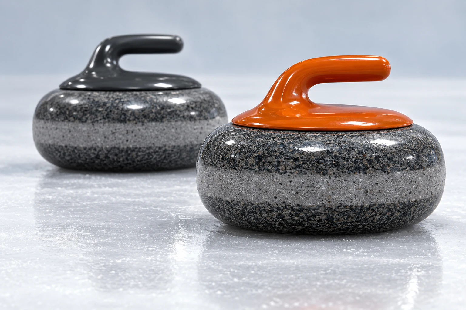 Ilustración IA de dos piedras de curling genéricas sobre hielo imaginario, sin diagrama reglamentario, escala, marcador ni partido real.