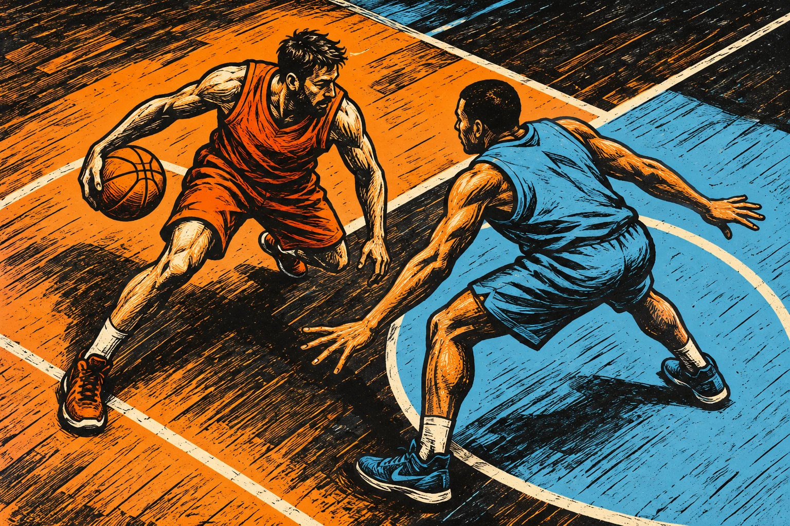 Grabado de jugadores adultos ficticios en una cancha imaginaria; ilustración IA.