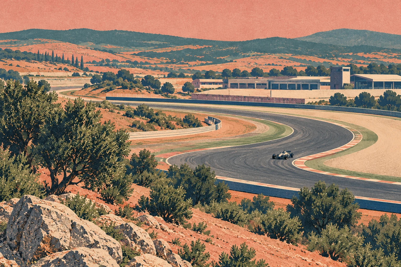 Circuito y pequeño monoplaza genéricos dibujados en litografía; ilustración IA, no imagen de Jerez ni de sus test.