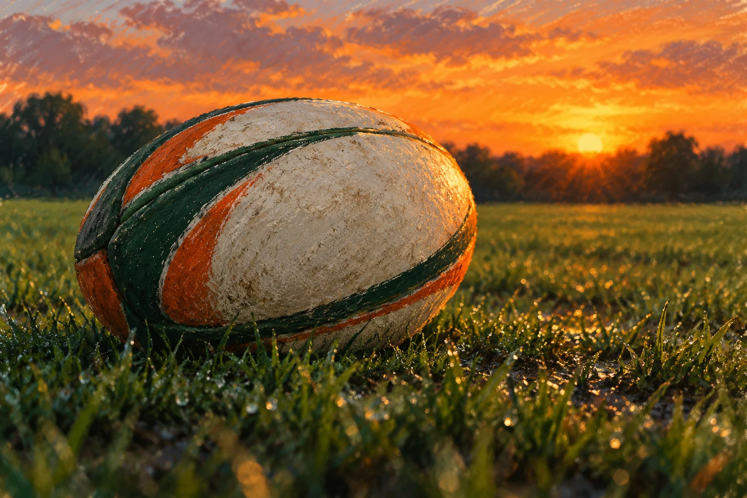 Balón ovalado de rugby imaginario sobre hierba, dibujado al pastel; ilustración IA sin partido ni trayectoria medidos.