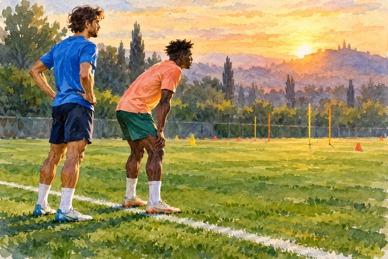 Acuarela IA de dos futbolistas adultos ficticios junto a una línea de entrenamiento; no documenta un partido ni una sustitución real.