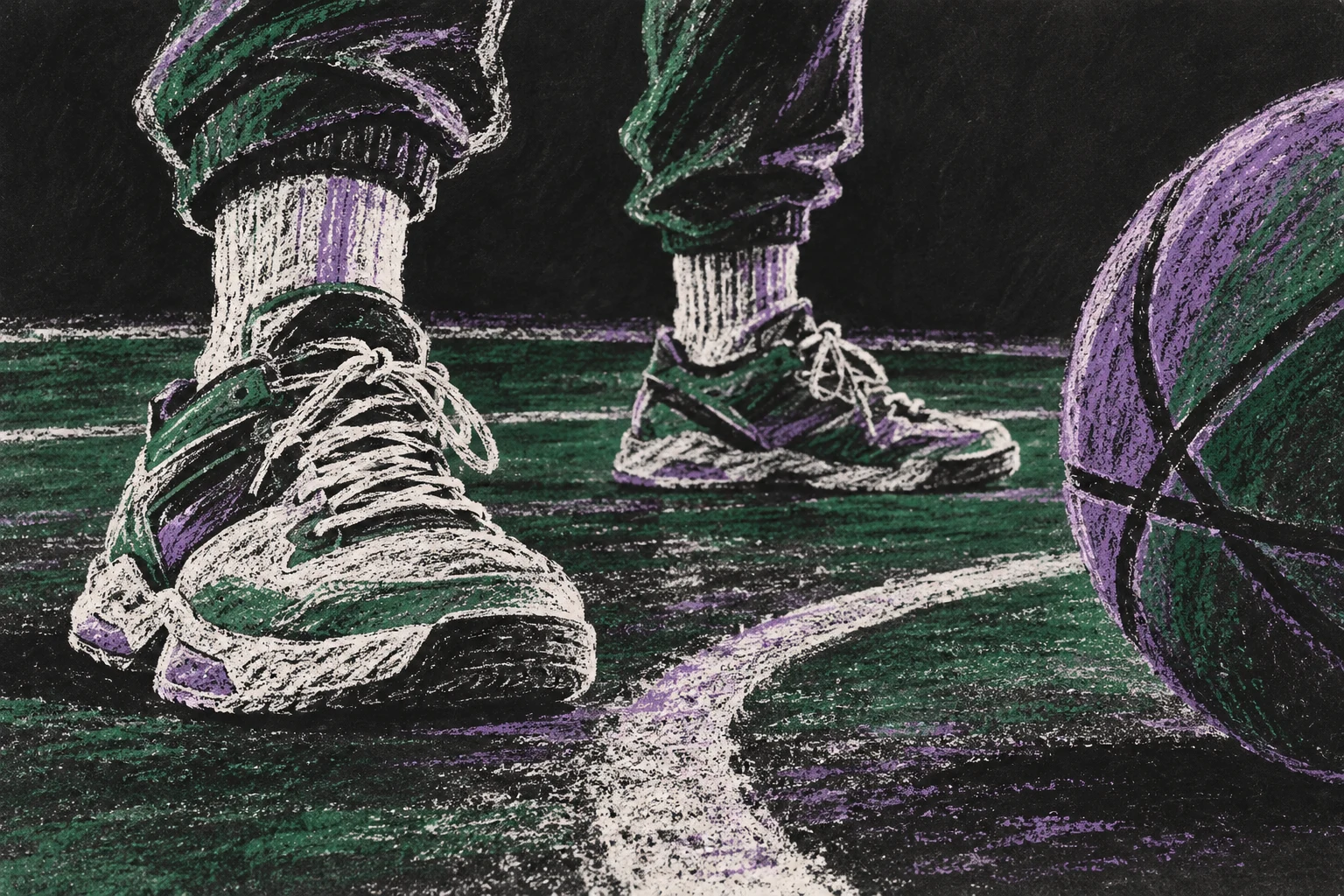 Zapatillas y balón ficticios dibujados a tiza en una cancha imaginaria; ilustración IA sin jugada arbitral real ni secuencia reglamentaria.