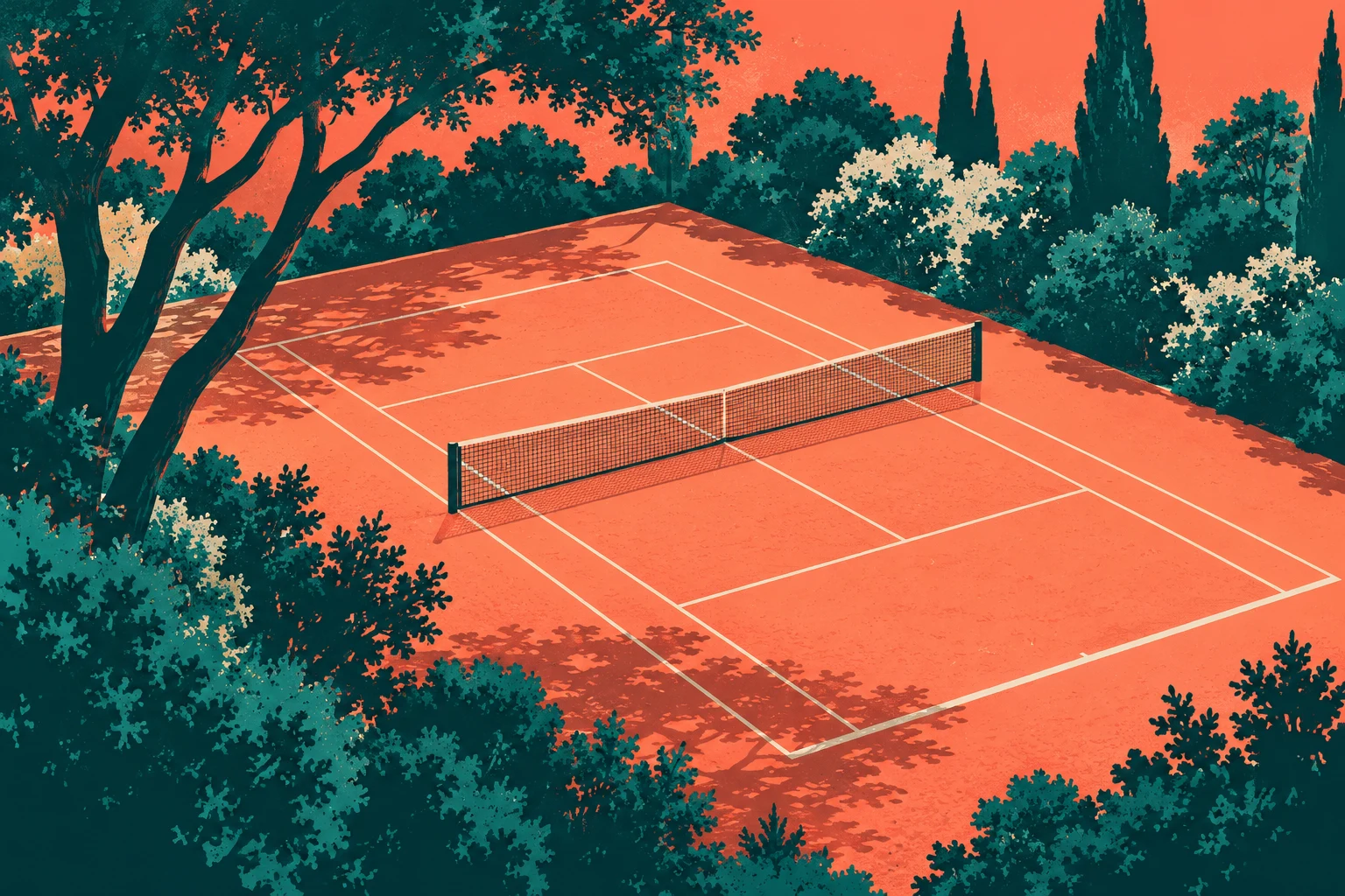 Cancha de tenis imaginaria y vacía en serigrafía; ilustración IA sin partido, marcador, posiciones o diagrama reglamentario reales.