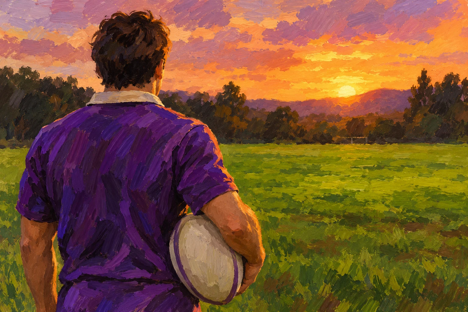 Adulto ficticio de espaldas con balón ovalado en campo imaginario a gouache; ilustración IA sin jugada, equipo ni decisión arbitral reales.