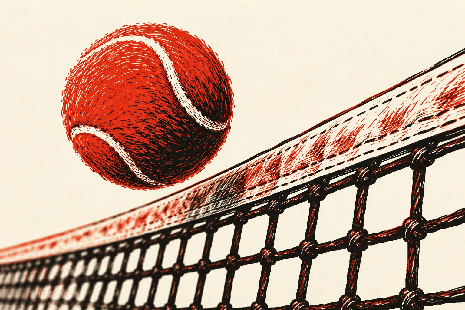 Pelota y red de tenis en grabado bermellón, ilustración IA conceptual sin partido o trayectoria arbitral.