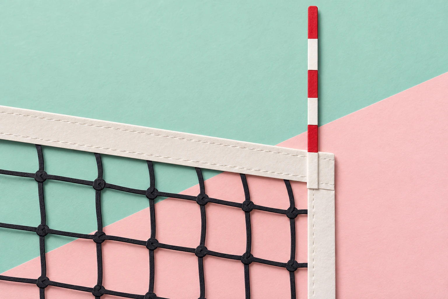 Detalle simbólico de red y antena de voleibol en papel recortado, ilustración IA sin balón, medida o jugada.