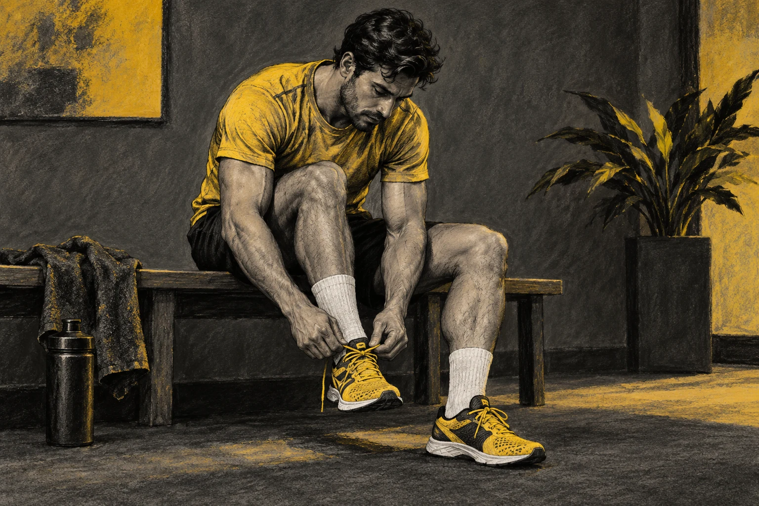 Deportista adulto ficticio atándose una zapatilla, dibujo al carbón y pastel generado con IA; no representa contacto con balón, partido o infracción.