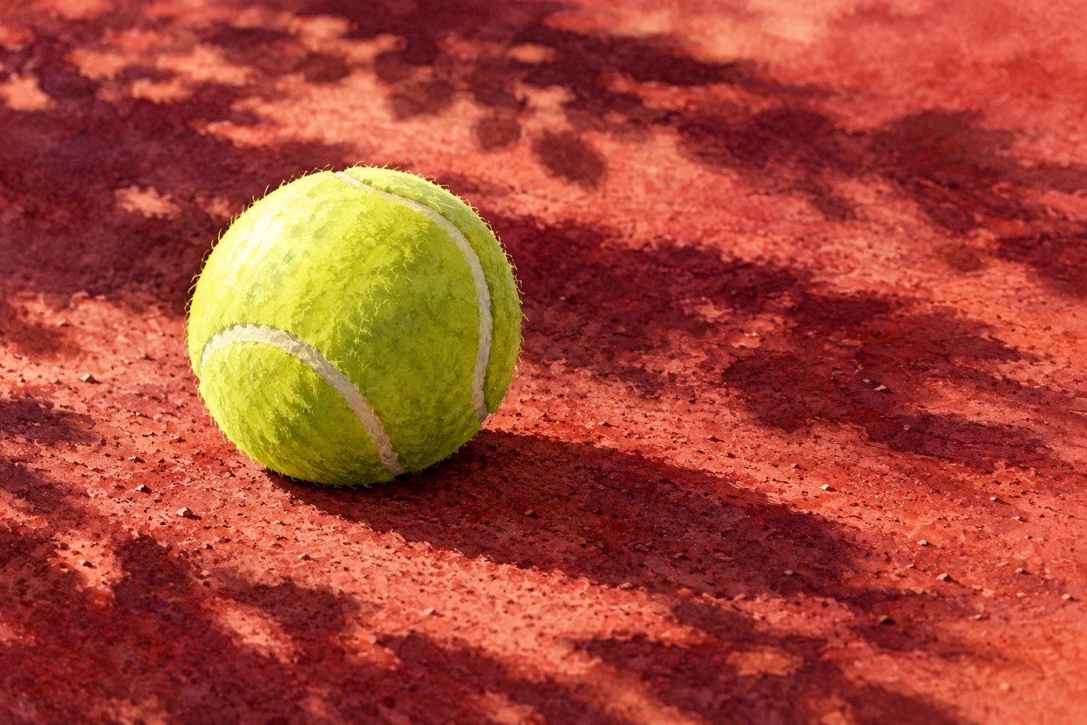 Pelota de tenis genérica sobre pista imaginaria en acuarela generada con IA; sin demostración de trayectoria, bote, contacto o decisión arbitral.