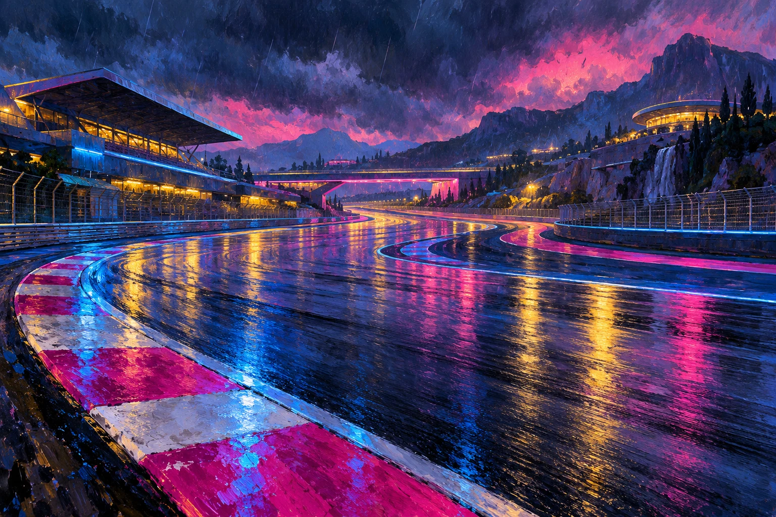 Pista de automovilismo completamente inventada vacía bajo lluvia, óleo generado con IA; sin incidente, circuito, bandera o procedimiento real.