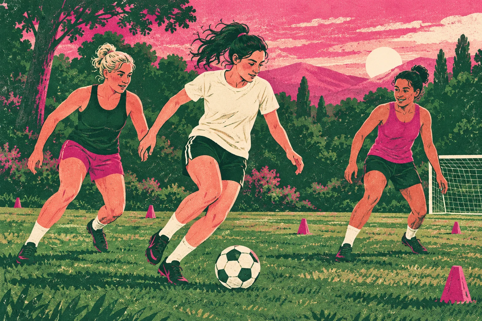 Ilustración IA conceptual de futbolistas adultas ficticias entrenan. Escena inventada; no documenta personas, sedes, datos, productos o resultados reales.