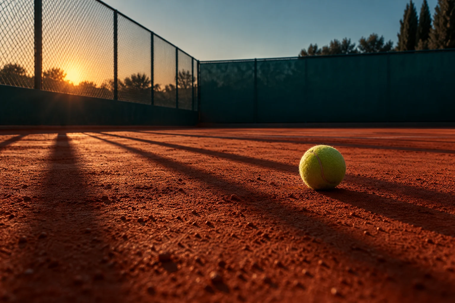 Ilustración IA conceptual: pista de tenis ficticia y valla. Escena inventada; no documenta hechos, datos, productos probados ni obras o sedes reales.