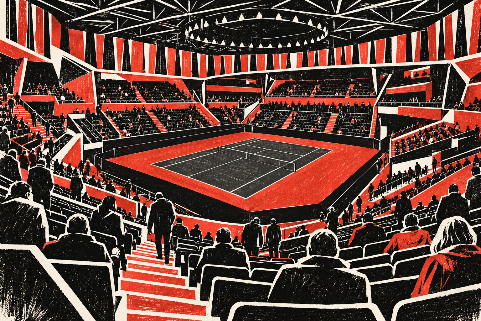 Ilustración IA: espectadores ficticios en grada de tenis imaginaria. No representa el lugar ni observaciones o resultados reales.