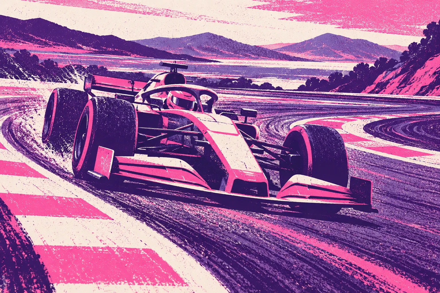 Ilustración IA: coche de competición ficticio en curva vacía. Composición imaginaria, no documenta personas, datos, pruebas o hechos reales.