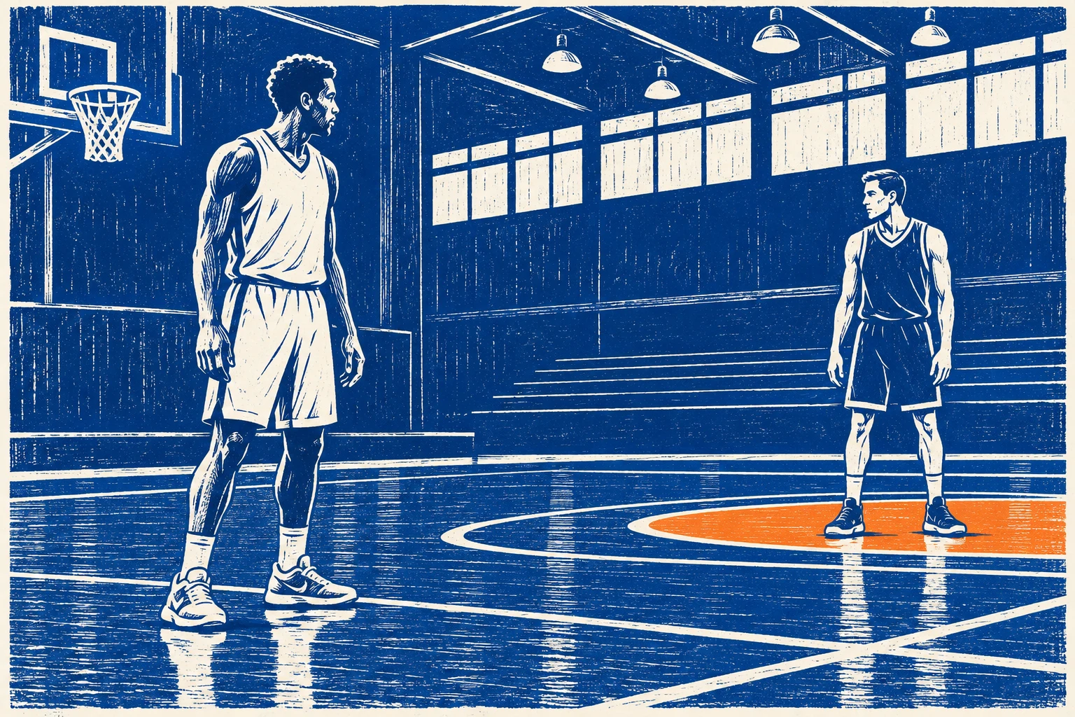 Ilustración IA: dos jugadores adultos ficticios en pista imaginaria. Composición imaginaria, no documenta personas, datos, pruebas o hechos reales.