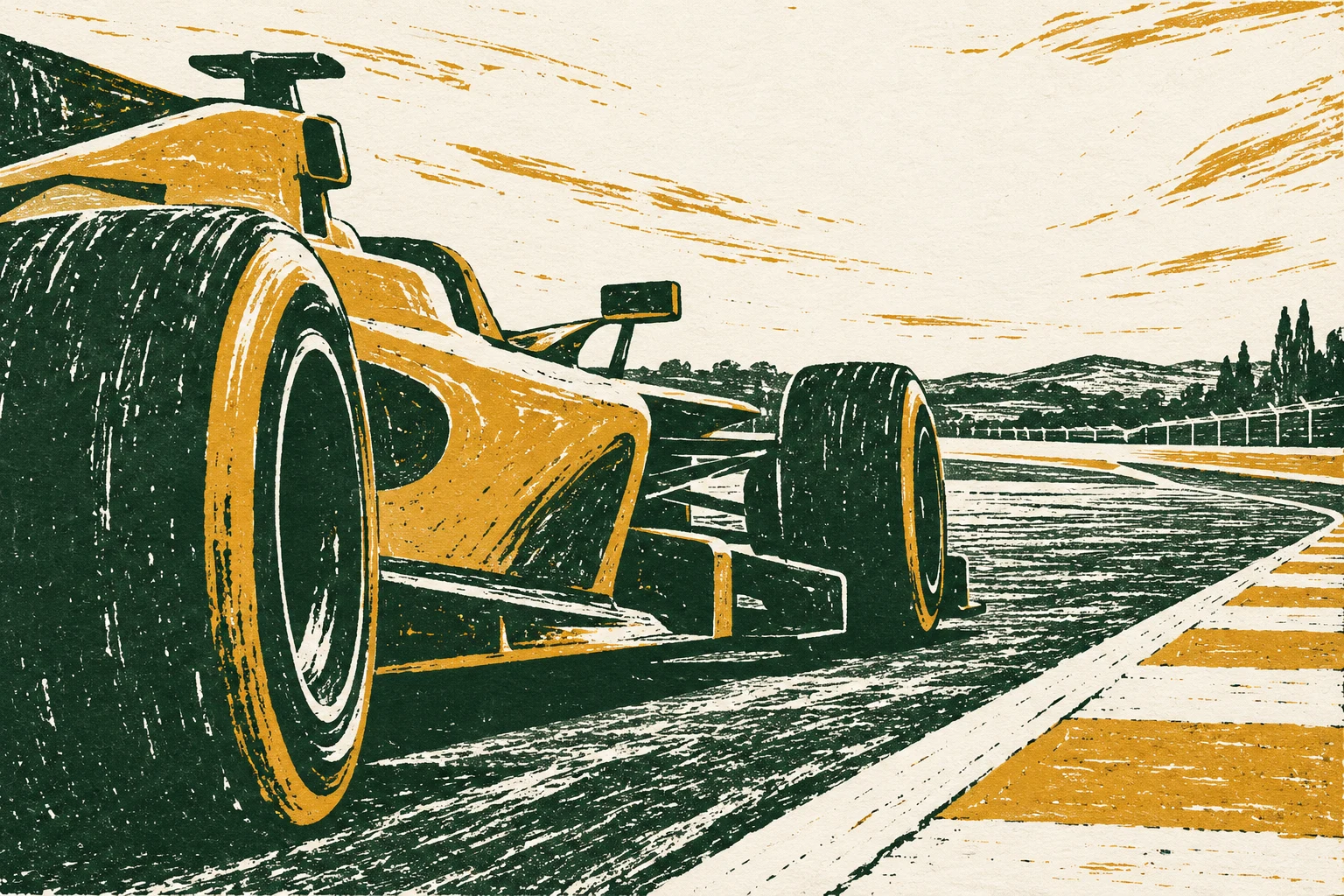 Ilustración IA: coche de competición ficticio detenido junto a pista vacía. Composición imaginaria, no documenta personas, datos, pruebas o hechos reales.