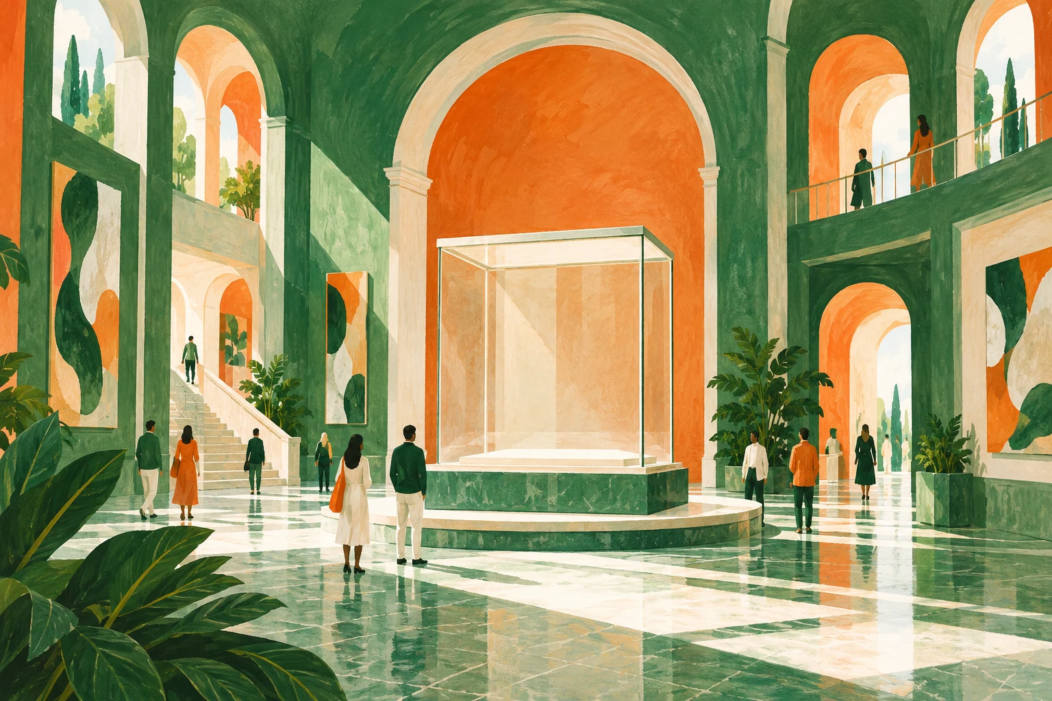 Ilustración IA: galería ficticia con vitrina vacía y recorrido de visitantes, sin trofeo real. Composición imaginaria, no documenta personas, datos, pruebas o hechos reales.