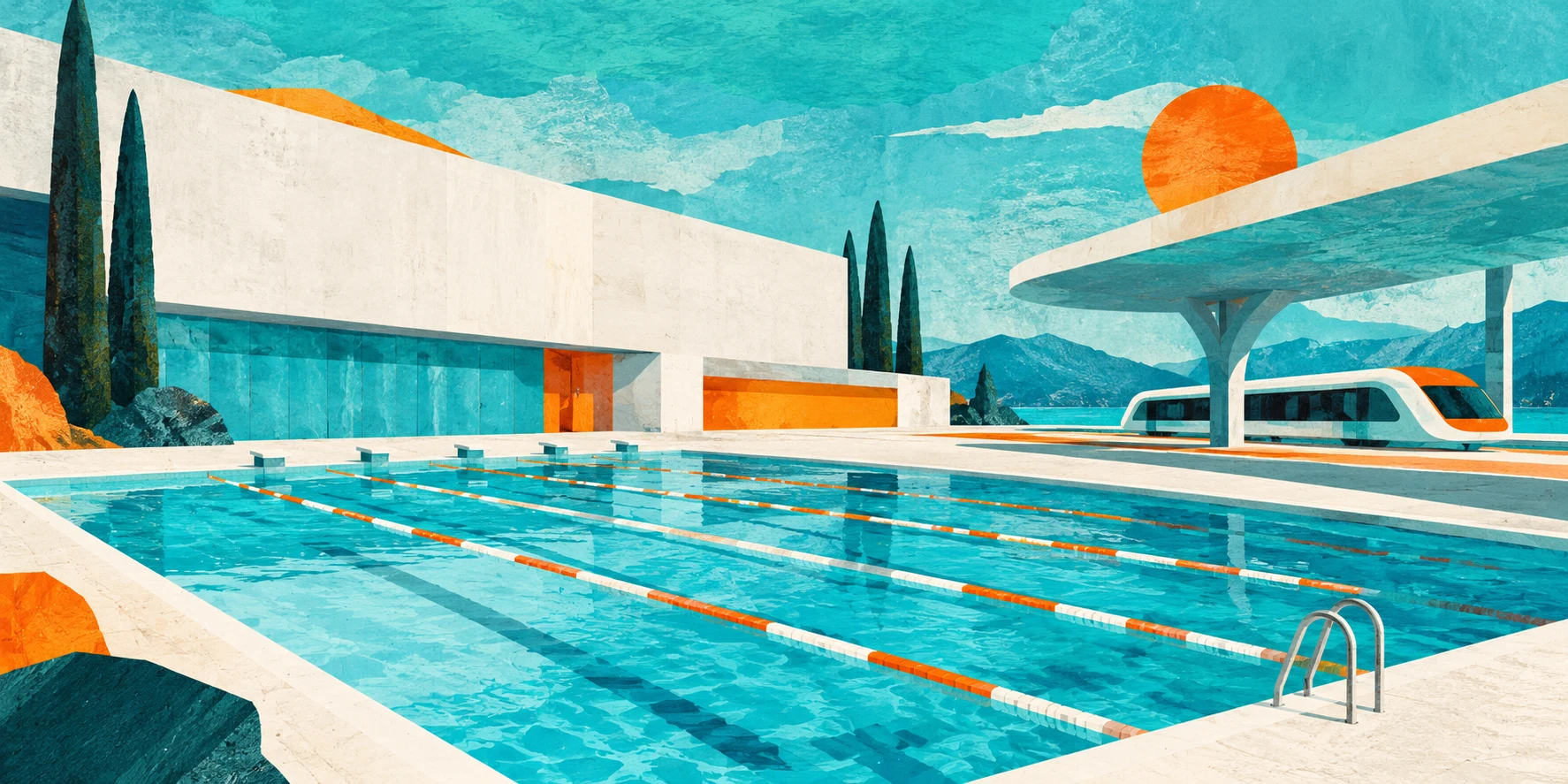 Ilustración IA: piscina deportiva ficticia de fachada lisa junto a acceso de transporte abstracto, sin sede real ni señales. Composición imaginaria, no documenta personas, datos, pruebas o hechos reales.
