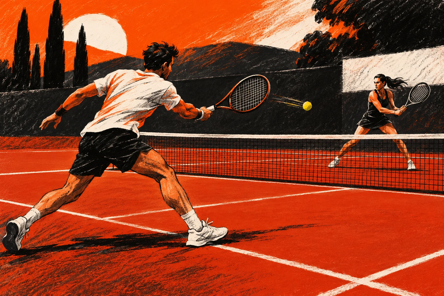 Ilustración IA: dos tenistas adultos ficticios con raquetas y pelota pequeña ante una red baja, sin torneo ni jugadores reales. Escena conceptual, no fotografía de un partido.