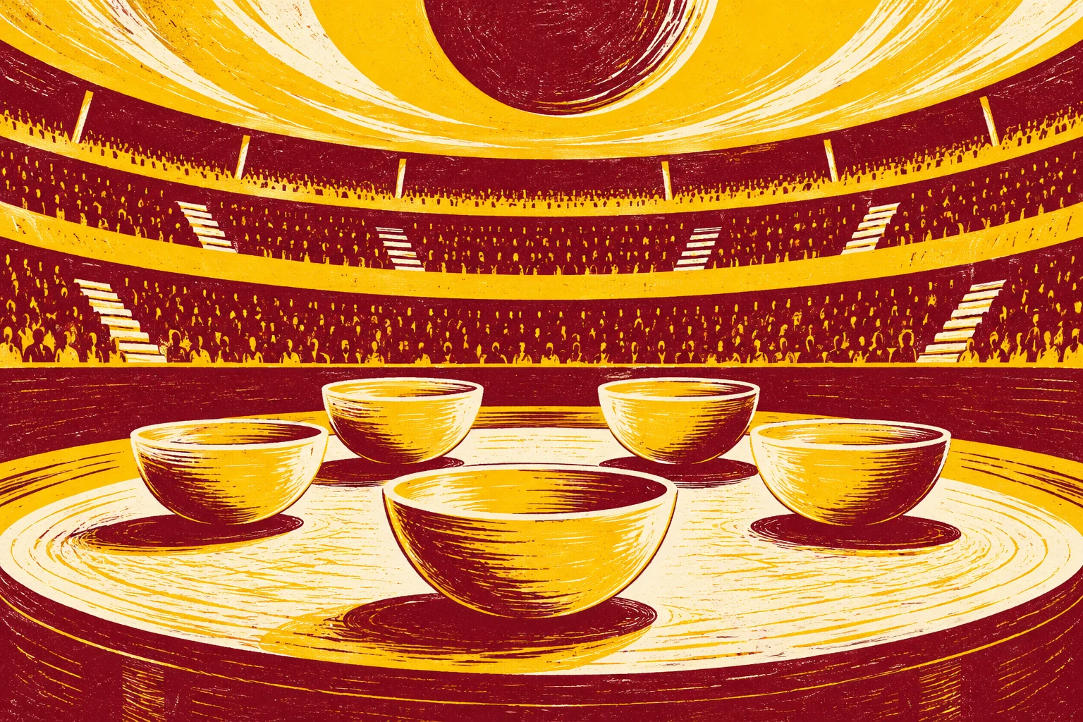 Ilustración IA: pequeños cuencos lisos de sorteo imaginario ante un campo abstracto, sin trofeo, escudos, texto o sede real. Composición imaginaria, no documenta personas, datos, pruebas o hechos reales.