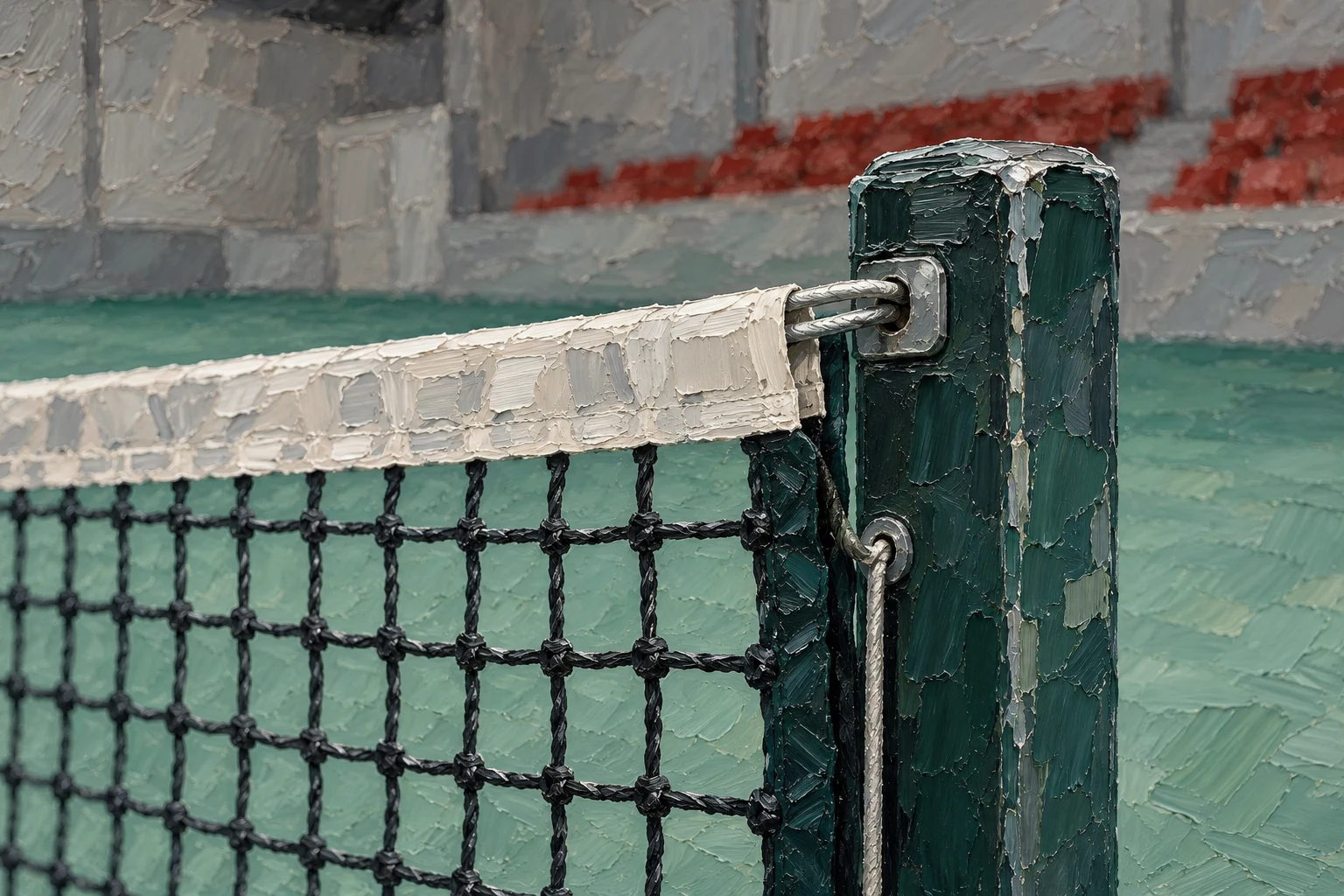 Ilustración IA al óleo de un poste y una red de tenis ficticios, sin representar Viena ni sus partidos.
