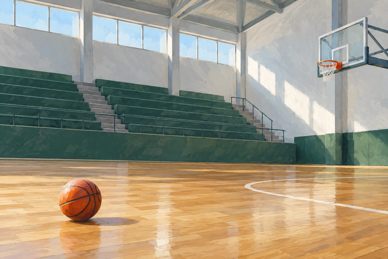 Ilustración IA en acrílico: pista de baloncesto ficticia vacía, canasta y balón; no pabellón o partido ACB.