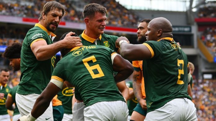 Sudáfrica Nombre Escuadrón sin FAF de Klerk, Makazola Mapimpi para accesorios de campeonato de rugby vs. Australia
